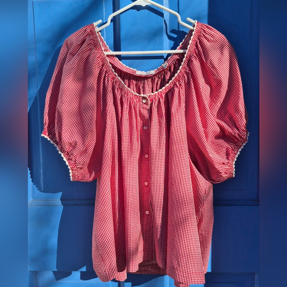 Dôen Designer Gingham Peasant Blouse